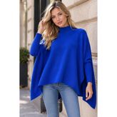 Devinka Kadın Saks Mavi Oversize Yırtmaçlı Triko Panço Kazak
