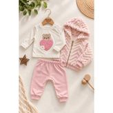 Dinamik çocuk Kız Bebek Ayıcık Kalp Nakışlı Üst Peluş Kapüşonlu Zikzak Desenli Hırka ve Eşofman Altı 3'lü Takım 3-6-9-12-18AYLIK - 3 - 6 Ay - Pembe
