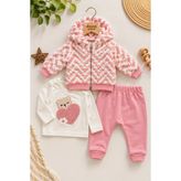 Dinamik çocuk Kız Bebek Ayıcık Kalp Nakışlı Üst Peluş Kapüşonlu Zikzak Desenli Hırka ve Eşofman Altı 3'lü Takım 3-6-9-12-18AYLIK - 3 - 6 Ay - Şeker Pembe
