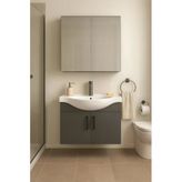 Dmz Home Nova 80 Cm, Tamamı Mdf, Antrasit Renkli, Oval Seramik Lavabolu, Aynalı, Alt Ve Üst Dolaplı, Banyo Dolabı Takımı