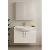 Dmz Home Nova 80 Cm, Tamamı Mdf, Beyaz Renkli, Oval Seramik Lavabolu, Aynalı, Alt Ve Üst Dolaplı, Banyo Dolabı Takımı
