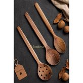 Doğal Ceviz Ağacı Ahşap Tahta Kaşık Spatula Kevgir Çatal Seti Ağaç Kaşık (3 Lü Set) A4