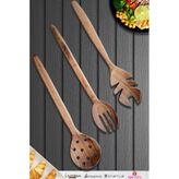 Doğal Ceviz Ağacı Ahşap Tahta Kaşık Spatula Kevgir Çatal Seti Ağaç Kaşık (3 Lü Set) A8
