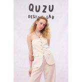 Düğmeli Straplez Keten Bluz Naturel