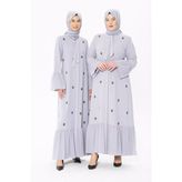 Düğmeli Taşlı Gri Ferace 3007-1