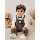 Durukoza Erkek Bebek Kasketli Papyonlu Salopet Takım %100 Pamuk 3'lü Şık Kombin 6-24 Ay - Kahve - 6 - 9 Ay