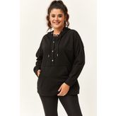 Ebsumu Kadın Büyük Beden Kanguru Cepli Basic Siyah Sweatshirt