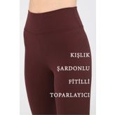 EDAMODA Kadın Yüksek Bel Kahverengi İçi Polarlı Fitilli Kışlık Tayt
