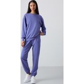 Eflatun Basic Pamuklu O Yaka Oversize Lastik Paça Kadın Eşofman Takım - 95287