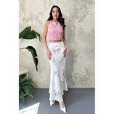 Ekru Saten Soft Çiçekli Etek