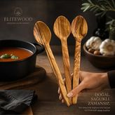 Elite Wood Zeytin Ağacı Kaşık Seti 3’lü 22 cm El Yapımı %100 Doğal Ahşap Tahta Yemek Kaşığı Servis Kaşığı Mutfak Gereçleri
