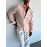 Elku Moda Erkek Oversize Italyan Yaka Keten Pamuk Karışımlı Gömlek Rahat Kalıp Düz Renk Yarım Oversize - Pembe - XL
