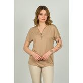 Ella Camelia Kadın Fermuarlı Kısa Kol Bluz 20E038 Vizon - XL