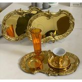 Elzem Tepsi Çelik Gold Renk 3 Adet Işlemeli Desenli Servis Tepsisi Sunum