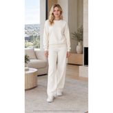 EMMODA Kadın Ekru Bisiklet Yaka Sweatshirt - Ekru Geniş Paça Eşofman Altı İkili Takım - Rahat Kesim Ev & Sokak Kombini
