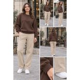 EMMODA Kadın Kahverengi Bisiklet Yaka Sweatshirt - Bej Geniş Paça Eşofman Altı İkili Takım - Rahat Kesim Ev & Sokak Kombini