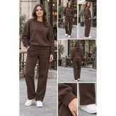 EMMODA Kadın Kahverengi Bisiklet Yaka Sweatshirt - Kahverengi Geniş Paça Eşofman Altı İkili Takım - Rahat Kesim Ev & Sokak Kombini