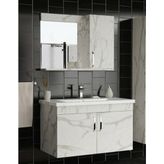 Endüstriyel Ümit Yapı Market 80 cm Calacatta Mermer Desenli Asma Banyo Dolabı Takımı Aynalı ve Lavabolu