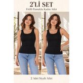 Erdenay Tekstil Fitilli Kalın Askılı Pamuklu Basic Kadın Atlet - Siyah 2'li Set - 2XL
