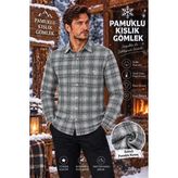 Eren Style Flanel Kışlık Pamuklu Kapaklı Cepli Düğmeli Yaka Gömlek (Regular Kalıp) - 3XL - Gri
