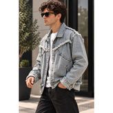 Erkek Açık Mavi Denim Ceket Püsküllü Detaylı Oversize Salaş Kesim Yıkamalı Jean Ceket - XL