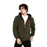 Erkek Baskılı Tam Fermuarlı Kapşonlu Sweatshirt - Haki