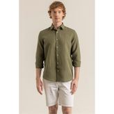 Erkek Haki Yeşil %100 Keten Modern Fit Cepsiz Gömlek - 2XL