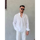 Erkek Keten Fresh Oversıze Gömlek - Beyaz