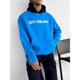 Erkek Oversize Baskılı Kapüşonlu Sweatshirt Mavi