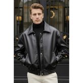 Erkek Oversize Siyah Deri Ceket - XL