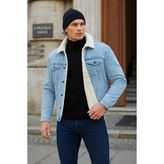 Erkek Peluş Kürklü Basic Salaş B.mavi Kot Ceket - XL