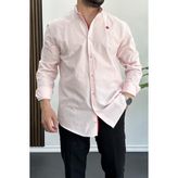 Erkek Slim Fit Keten Görünümlü Pamuklu Gömlek Pembe Edw087 - XS