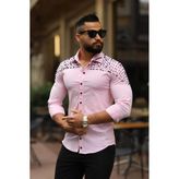 Erkek Slim-Fit Omuz ve Yaka Inci Detaylı Lüks Tasarım Premium Gömlek - XL - Pembe