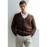 Erkek V Yaka Kalın Saç Örgülü Yün Ceket M.kahve - 2XL