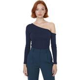 Ersefa Stil Kadın Fitted Vücuda Oturan Omzu Açık Fitilli Bluz Crop Örme Slim Kalıp Düşük Kol