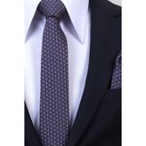 Esgue Hand Made 6 cm Slim Çizgi Desenli Lacivert Pembe Renk Mendilli İnce Kravat