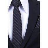 Esgue Hand Made 6 cm Slim Çizgili Desen Lacivert Kahve Renk Mendilli Ince Kravat - Standart - Karışık