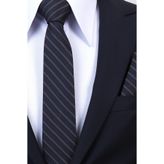 Esgue Hand Made 6 cm Slim Çizgili Desen Lacivert Kahve Renk Mendilli İnce Kravat