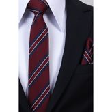 Esgue Hand Made 6 cm Slim Çizgili Desenli Bordo Lacivert Renk Mendilli İnce Kravat
