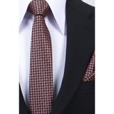 Esgue Hand Made 6 cm Slim Desenli Kahverengi Pembe Renk Mendilli İnce Kravat