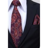 Esgue Hand Made 8 cm Şal Desen Bordo Kırmızı Renk Mendilli Kravat