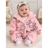 Esmer Bebe Kız Bebek Tavşan Desenli Peluş 3'lü Takım – Mont Ceket, Eşofman Altı ve Uzun Kollu Body Zıbın – Kışlık Bebek Giyim Seti - 0 - 3 Ay - Pembe - Açık Pembe