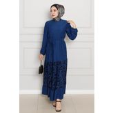 Eteği Desenli Karin Elbise-Saks Mavi