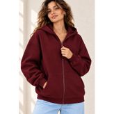 EVIus Unisex Oversize Kapüşonlu Fermuarlı Basic Sweatshirt 3 İplik Bordo Hırka