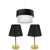 EvLight 3'lü Set Avize Ve Komodin Üstü Gold Abajur / Siyah