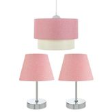 EvLight 3'lü Set Avize Ve Komodin Üstü Krom Abajur / Pembe