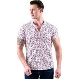 Exve Exclusive Beyaz Üzerine Kırmızı Mavi Çiçek Baskılı Pamuk Hawaii Apaş Yaka Kısa Kollu Yazlık Gömlek - 2XL