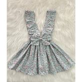 Eylülce Butik Kız Çocuk Mavi Çiçekli Fiyonklu Fırfır Askılı Salopet Elbise (%100 Pamuk Kumaştan Üretilmiştir.) - Açık Mavi - 2 Yaş
