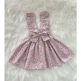 Eylülce Butik Kız Çocuk Pembe Çiçekli Fiyonklu Fırfır Askılı Salopet Elbise (%100 Pamuk Kumaştan Üretilmiştir.) - 0P - Pembe - 2 Yaş