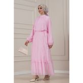 Fırfır Detaylı Kuşaklı Eylül Elbise-PEMBE